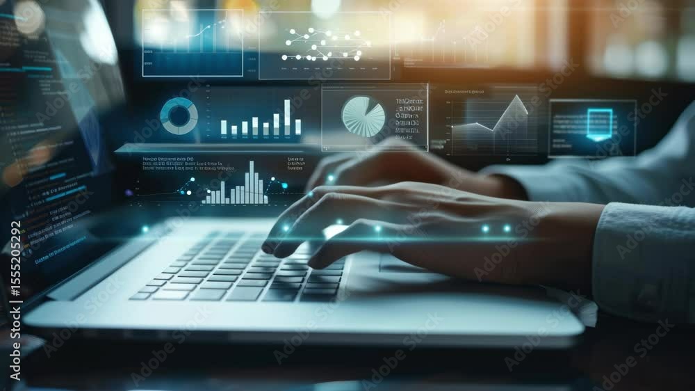 Poster close-up angle of hands typing on a laptop with digital graphs overlay, conveying a futuristic data 