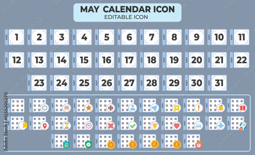 Aufkleber may calendar icon set with editable features and colorful event markers for planning