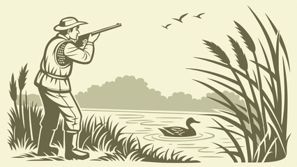 Fototapeta premium Hunter aiming at a duck in a tranquil marsh.