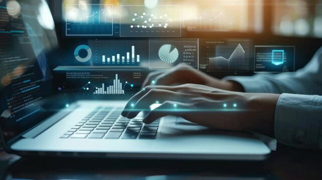 Close-up angle of hands typing on a laptop with digital graphs overlay, conveying a futuristic data analysis concept, ideal for tech video content. - Powered by Adobe