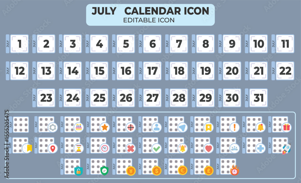 Poster detailed july calendar icon set with dates and various event symbols, perfect for planning and sched