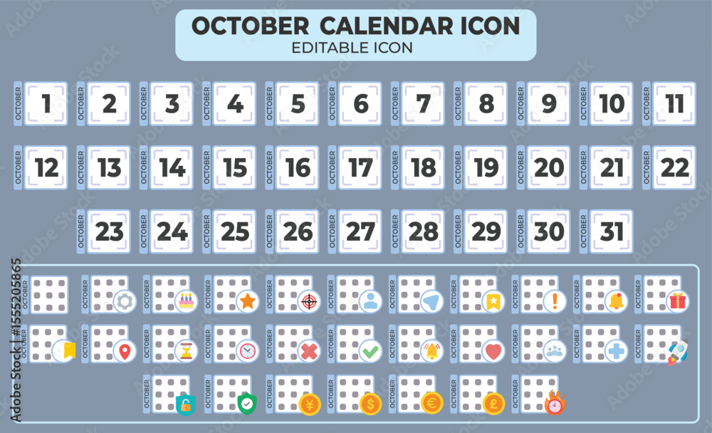 Poster october calendar icon set with editable elements for planning and scheduling