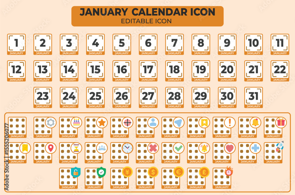 Aufkleber editable january calendar icon set with customizable date graphics for planning and scheduling