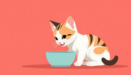 Cartoon cat drinking from bowl on coral background  