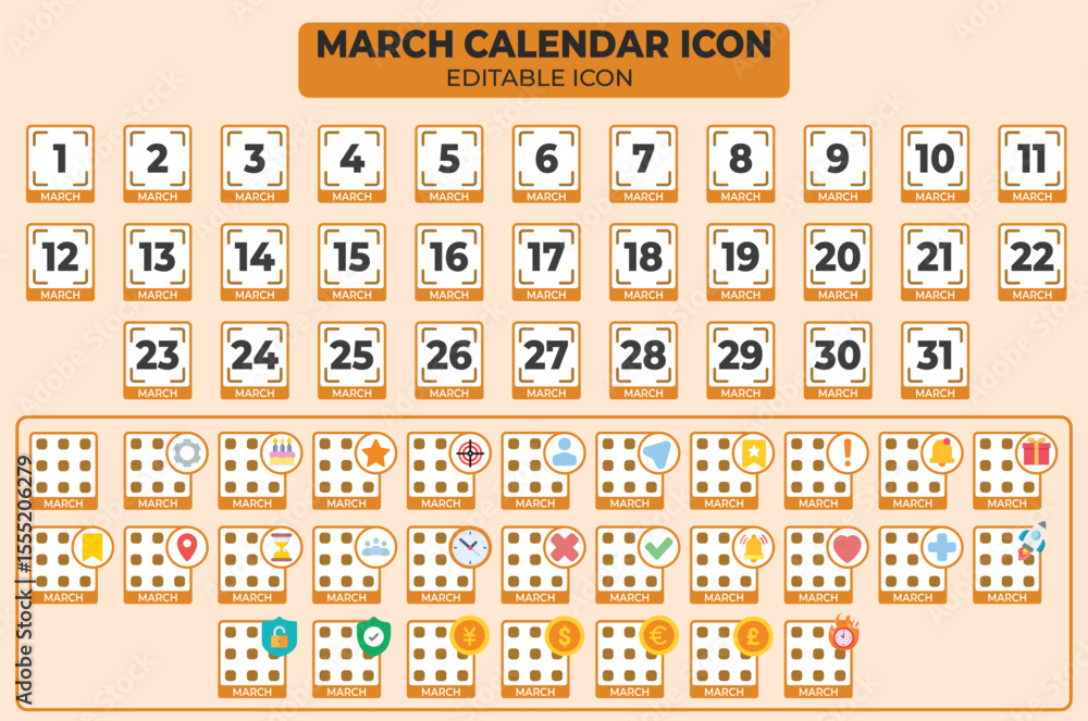 Poster march calendar icon set with customizable elements for planning and scheduling events