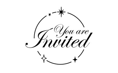 You are invited lettering calligraphic design. Invitation card with stars and sparks