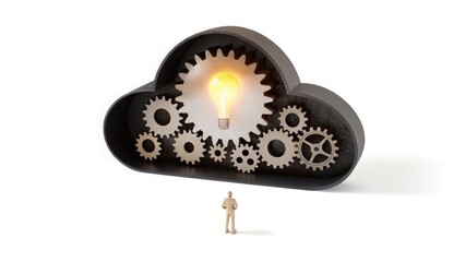 Person Standing Under Cloud with Gears and Light Bulb Representing Thought Process and Creative Innovation
