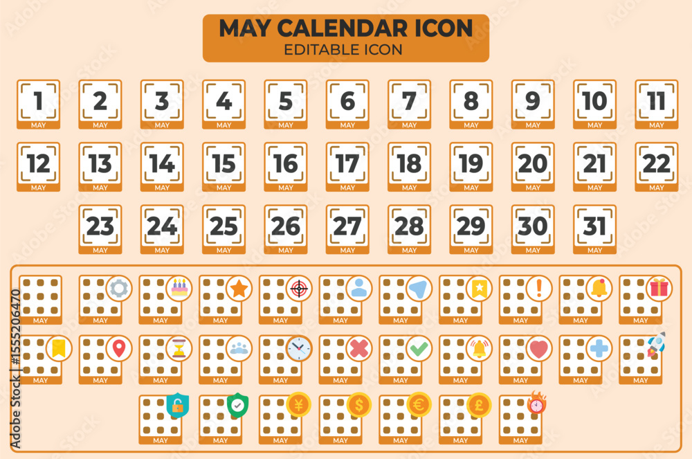Poster may calendar icon with editable templates for important dates and events planning
