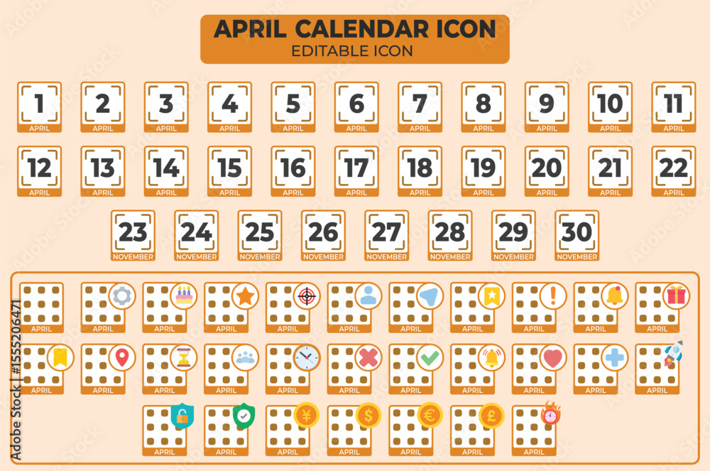 Poster april editable calendar icon set with dates and various symbols for marking special events