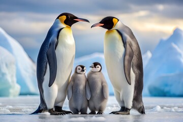 Fototapeta premium Emperor Penguin Family Bond Chick Protection Snow