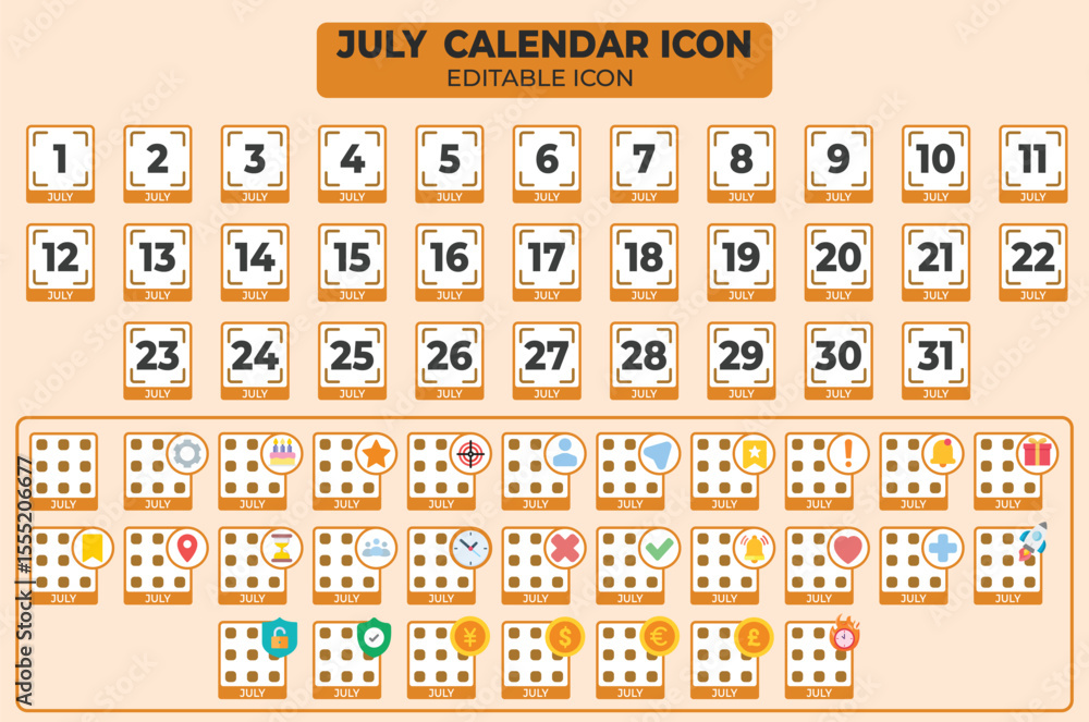 Poster editable july calendar icon set with various events and reminders for planning and scheduling