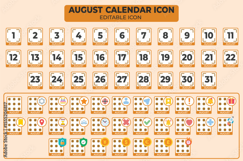 Poster august calendar icon set with editable design elements and various event markers
