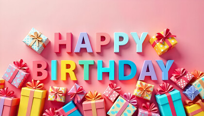 A cheerful birthday greeting on a pink background with colorful gift boxes, creating a festive and joyful celebration vibe.

