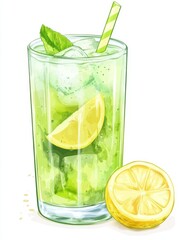 Fototapeta premium Glass of iced green tea, lemon water, and detox smoothie refreshing summer theme. Best Drinks for Burning Fat Naturally, concept of summer refreshment and cooling