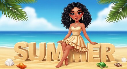 Cute Cartoon Girl Celebrating Summer on a Tropical Beach