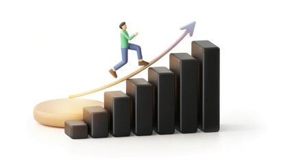 Person Jumping Over Rising Blue Bars Toward Upward Arrow Symbolizing Growth and Achievement
