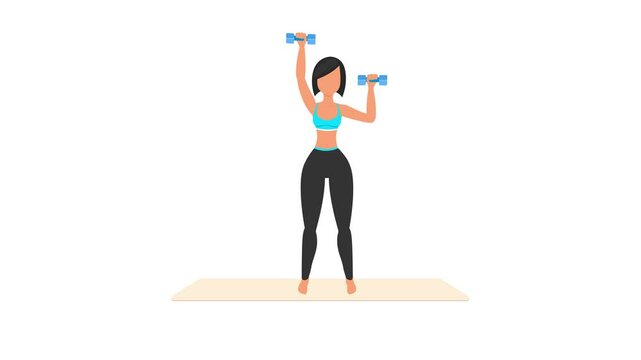 Alt press exercise tutorial. Female workout on mat. Fitness woman exercising. Looped 2D animation with young girl character training. Sport and healthy lifestyle concept.