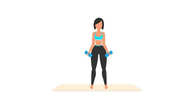 Alternately external rotate curls exercise tutorial. Female workout on mat. Fitness woman exercising. Looped 2D animation with young girl character training. Sport and healthy lifestyle concept.