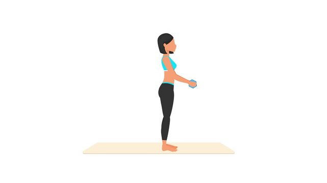 Bottom half raises with one dumbbell exercise tutorial. Female workout on mat. Fitness woman exercising. Looped 2D animation with young girl character training. Sport and healthy lifestyle concept.