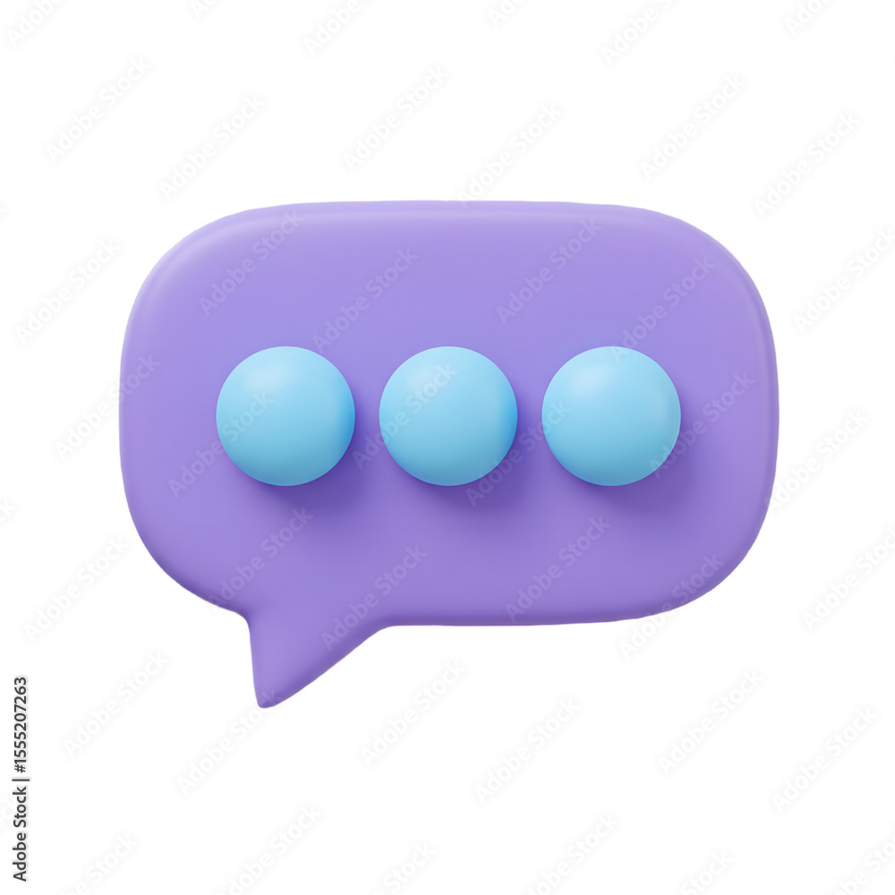 Poster 3d render of a purple speech bubble with three light blue dots indicating typing or thinking process