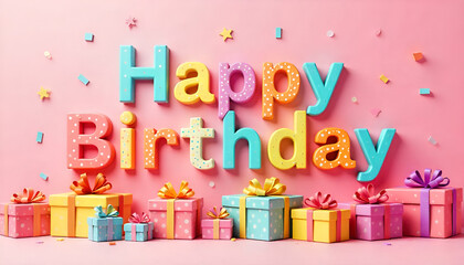 A cheerful birthday greeting on a pink background with colorful gift boxes, creating a festive and joyful celebration vibe.
