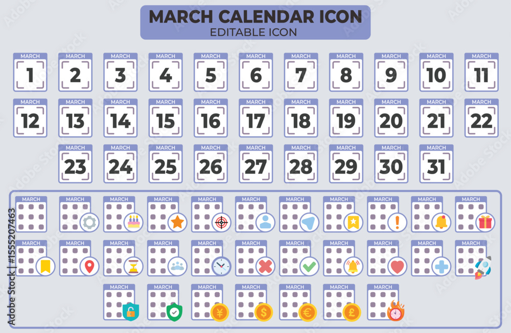 Poster march calendar icon set with editable options for planning and scheduling events