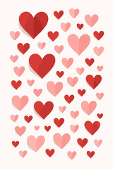 Elegant Red and Pink Paper Hearts Arranged in a Beautiful Pattern on White Background. Vector Cartoon Illustration. Perfect for Valentine's Day, Wedding, Love, Romance.