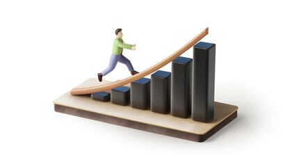 Person Jumping Over Rising Blue Bars Toward Upward Arrow Symbolizing Growth and Achievement

