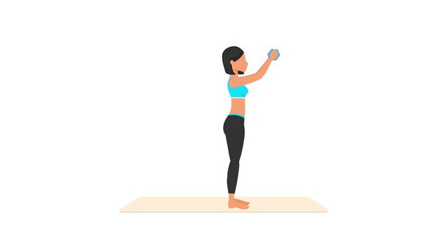 Full range raises with one dumbbell exercise tutorial. Female workout on mat. Fitness woman exercising. Looped 2D animation with young girl character training. Sport and healthy lifestyle concept.
