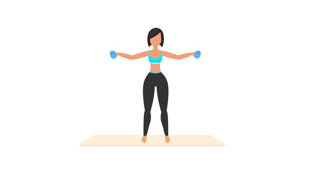 Lateral raises exercise tutorial. Female workout on mat. Fitness woman exercising. Looped 2D animation with young girl character training. Sport and healthy lifestyle concept.