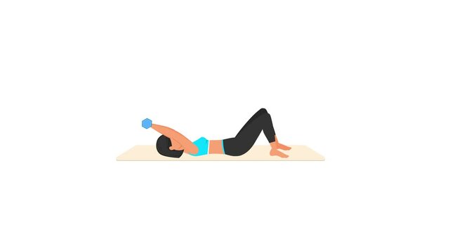 Overhead extension with one dumbbell exercise tutorial. Female workout on mat. Fitness woman exercising. Looped 2D animation with young girl character training. Sport and healthy lifestyle concept.