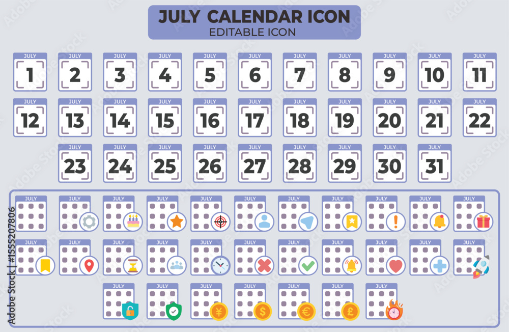 Poster editable july calendar icon set with numbers and symbols for organization and planning