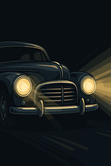 Classic vintage car with bright headlights illuminating dark night road, retro automobile front view, dramatic lighting, nostalgic transportation concept, vector cartoon illustration