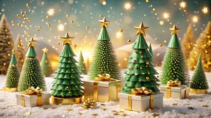Stylized Green Christmas Trees with Golden Stars and Gift Boxes in Snowy Festive Landscape
