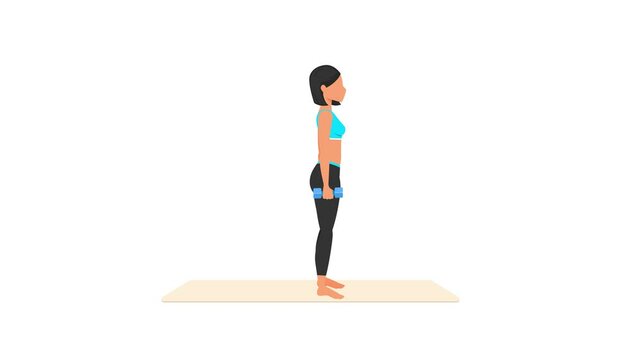 Palm facing press exercise tutorial. Female workout on mat. Fitness woman exercising. Looped 2D animation with young girl character training. Sport and healthy lifestyle concept.