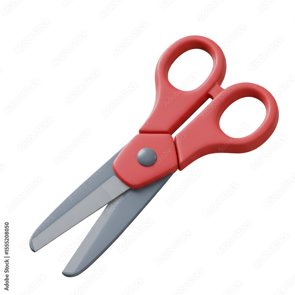 Poster a realistic 3d render of a pair of red handled scissors with grey blades and a grey pivot screw isol
