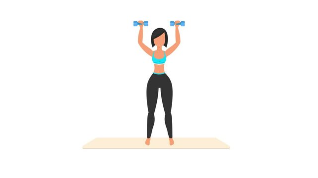 Shoulder press exercise tutorial. Female workout on mat. Fitness woman exercising. Looped 2D animation with young girl character training. Sport and healthy lifestyle concept.