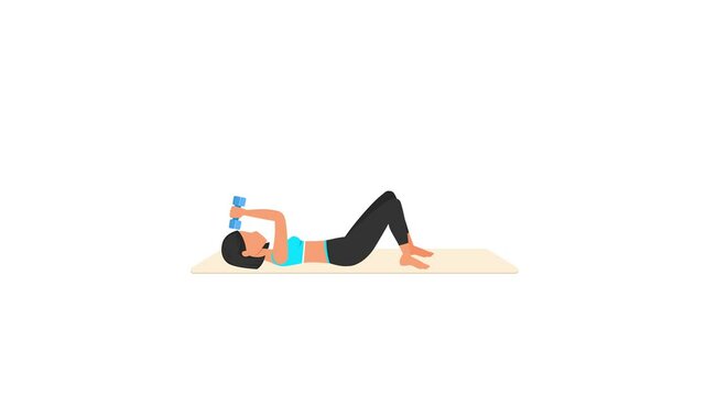 Skull crushers exercise tutorial. Female workout on mat. Fitness woman exercising. Looped 2D animation with young girl character training. Sport and healthy lifestyle concept.