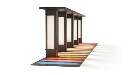 Colorful Gradient Columns in Futuristic Hallway Casting Multicolored Shadows for a Bold Architectural Display
