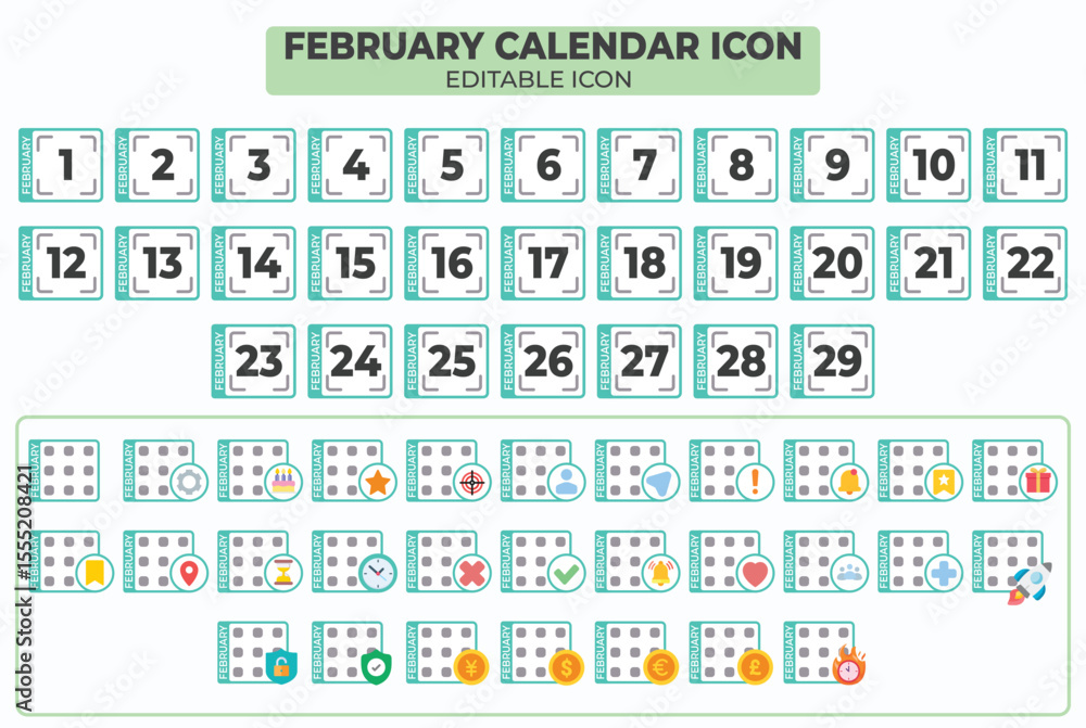 Poster editable february calendar icon set with various event symbols, suitable for planning and scheduling