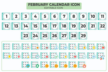 Editable February Calendar Icon Set with Various Event Symbols, Suitable for Planning and Scheduling