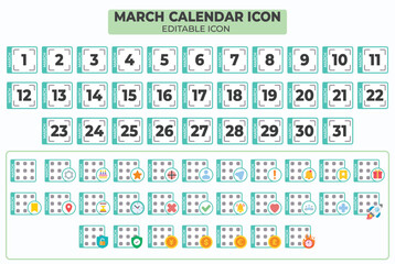 Vector Editable March Calendar Icon Collection for Planning and Scheduling, a Full Month Set