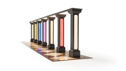 Colorful Gradient Columns in Futuristic Hallway Casting Multicolored Shadows for a Bold Architectural Display
