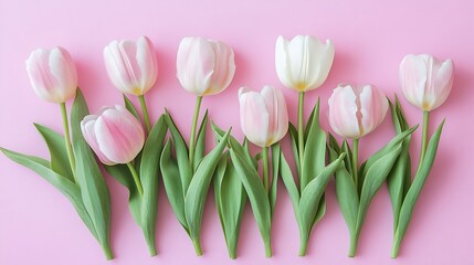 Naklejka premium Pink tulip bouquet on pastel pink background flat lay concept of spring love celebration feminine floral mood