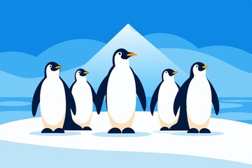 Obraz premium Five Gentoo Penguins Walking Adventure Teamwork