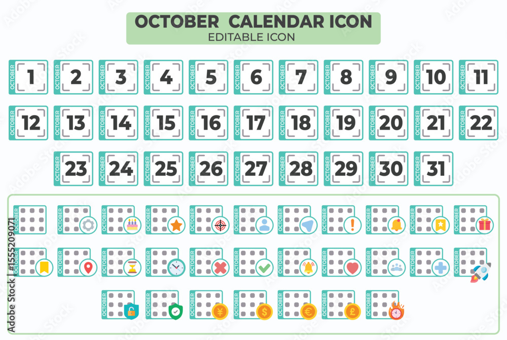 Poster october calendar icon set with editable elements for schedule and planning