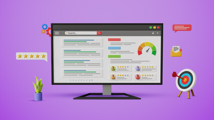 SEO ranking, SEO analysis, SERP, Search engine result page, website marketing, results query, organic reviews, website optimization. Computer screen with top search results. 3D illustration