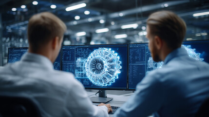Engineers analyzing a detailed 3D turbine model on dual monitors using advanced CAD tools in a sleek, high-tech engineering lab with collaborative workstations engineering collabor