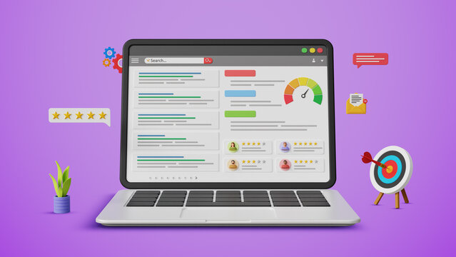 SEO ranking, SEO analysis, SERP, Search engine result page, website marketing, results query, organic reviews, website optimization. Laptop with top search results. 3D illustration