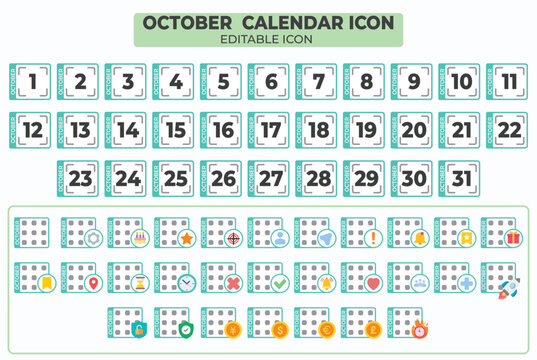 October Calendar Icon Set with Editable Elements for Schedule and Planning - Powered by Adobe